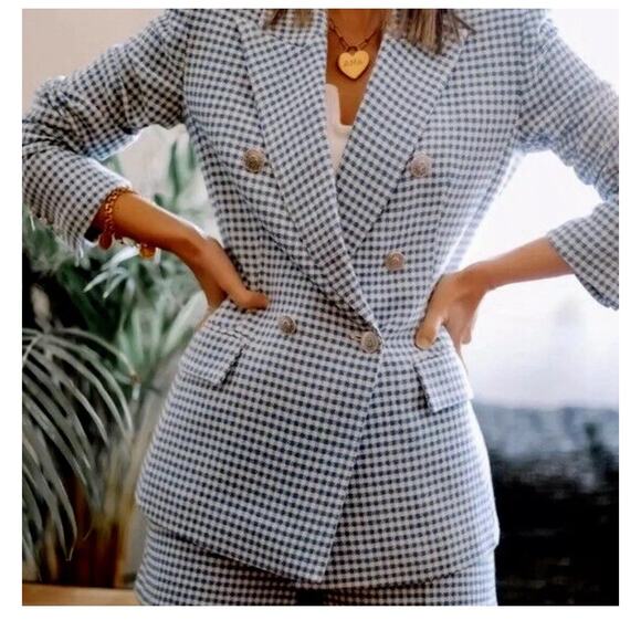 Zara Houndstooth Double-Breasted Blazer Jacket in Blue ASO Princess Kate Sz S - Picture 4 of 16